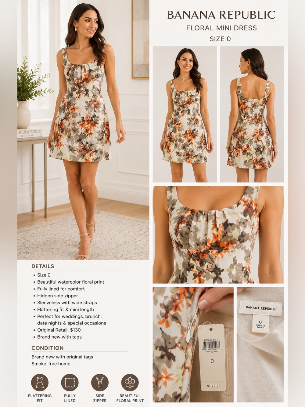 NWT Banana Republic Floral Mini Dress | Size 0 | Lined | $130 Retail